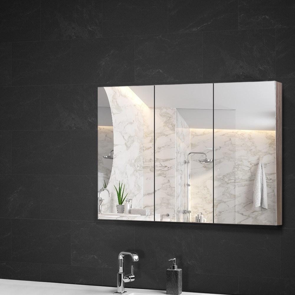 Cefito Bathroom Mirror Cabinet with three full-height mirrors and natural finish, showcasing adjustable glass shelves and soft-closing hinges.